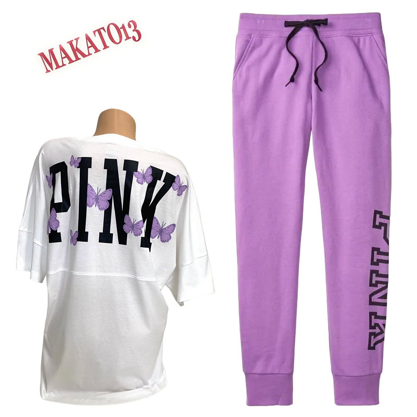 Victorias Secret Pink Large/xl Graphic T-shirt & Fleece Jogger Pants Set New