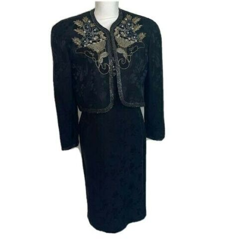 D’ore Womens Dress Jacket Set Black Size 6 Vintage Silk Embossed Beaded Lined
