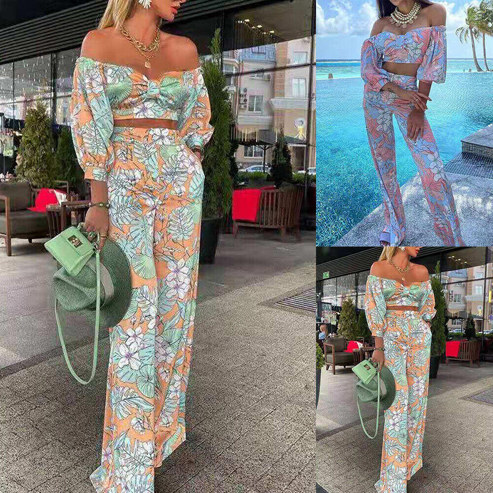 Womens Boho Floral Off Shoulder Crop Tops Wide Leg Pants Holiday Party Outfits